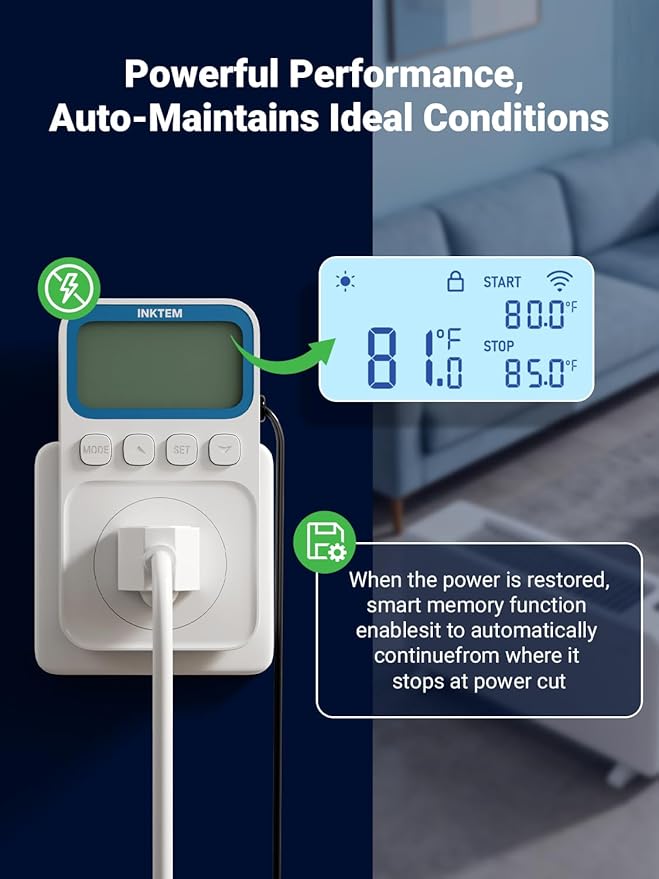 WiFi Plug in Thermostat Outlet, Temperature Controlled Outlet with Smart APP, Timer & Memory Digital Temp Controller -40~212℉, IP67 Waterproof Probe for Incubator Homebrew Reptile Space Heater
