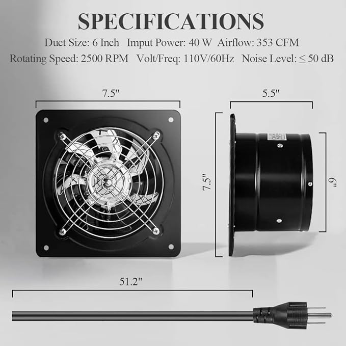 WiseWater 6 Inch Black Exhaust Fan with Variable Speed Controller, 110V Wall Mounted with Backdraft Damper, 353 CFM Low Noise for Kitchen, Bathroom, Garage, Greenhouse, Attic, Farm and Smoking Room