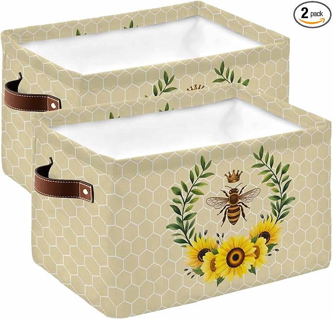 Bees Storage Bins Cubes Waterproof Cloth Storage Basket,Sunflowers Summer Watercolor Floral Leaf Palnt Honey Foldable Storage Bags for Shelf Clothes Storages Organizers with Handles 15x11x9.5 in 2PCS