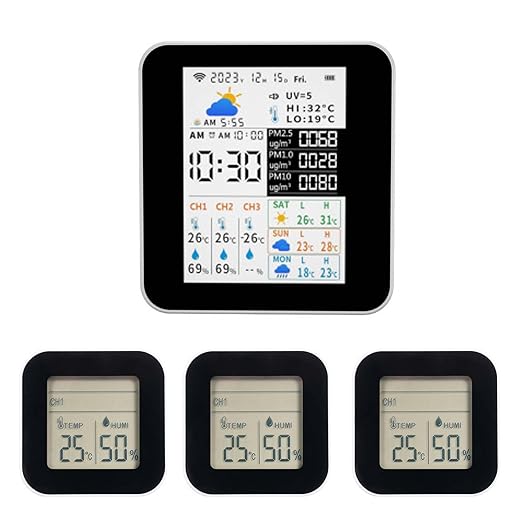 Weather Station, Wireless Indoor Outdoor Thermometer with 3 Sensors for TUYA App Operate Real Time Temperature Humidity Monitor