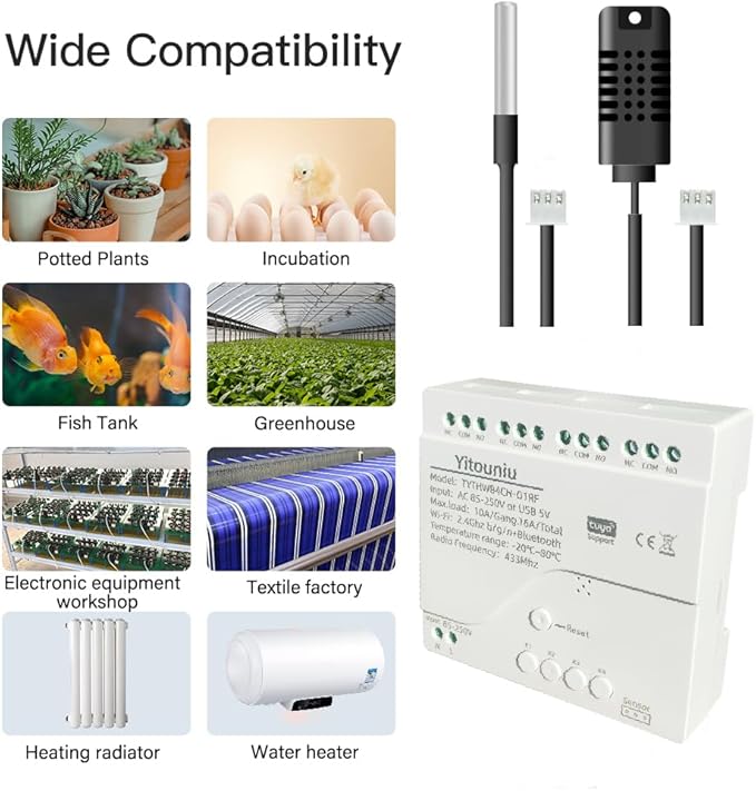 Tuya WiFi Smart Temperature Sensor Controller, 4-Channel 85-250V Relay Switch, Remote Voice Control, APP Remote Control, Dry Contact, Real-Time Monitoring, Works with Alexa and Google Home