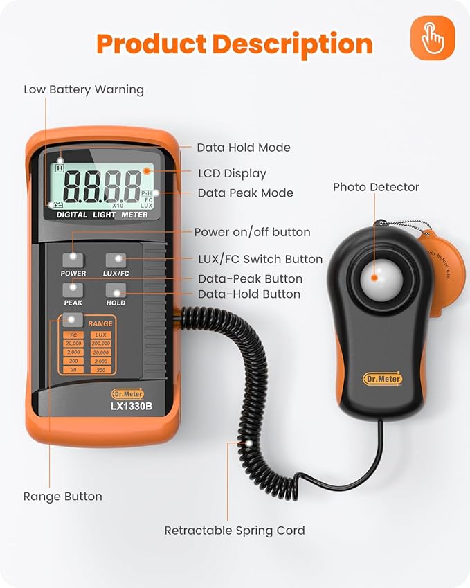 Dr.meter LX1330B Digital Illuminance Light Meter, 0-200,000 Measurement Range Lux Meter, Lighting Intensity Brightness Measurement for Indoor Outdoor, Light Meters for Plants
