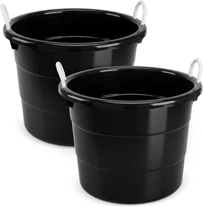 HOMZ 2-Pack Utility Tub, Large Plastic Storage Bucket with Rope Handles, 18 Gallon, Black - Portable Indoor and Outdoor Buckets for Kitchen, Laundry, Garden, Bathroom, and Garage Organization