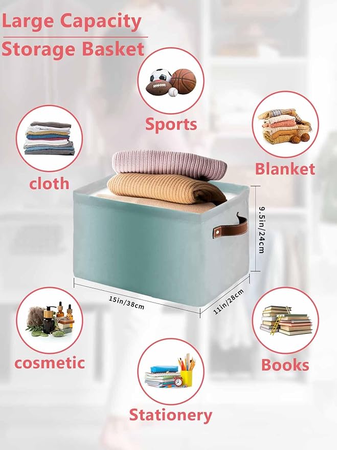 Teal Grey Ombre Storage Bins Cubes Waterproof Cloth Storage Basket, Farmhouse Gradient Minimalist Foldable Storage Bags for Shelf Closet Clothes Storages Organizers with Handles 15x11x9.5 in 1PCS