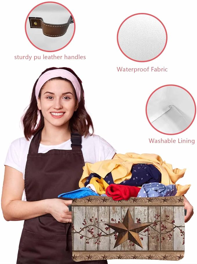Vintage Texas Star Wooden Storage Bins Cubes Waterproof Cloth Storage Basket, Farmhouse Berry Country Foldable Storage Bags for Shelf Closet Clothes Storages Organizers with Handles 15x11x9.5 in 1PCS