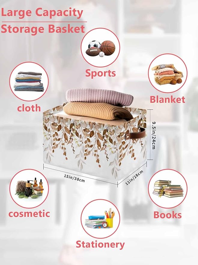 Orange Brown Eucalyptus Storage Bins Cubes Waterproof Cloth Storage Basket,Watercolor Spring Weeping Botanical Foldable Storage Bags for Shelf Storages Organizers with Handles 15x11x9.5 in 1PCS