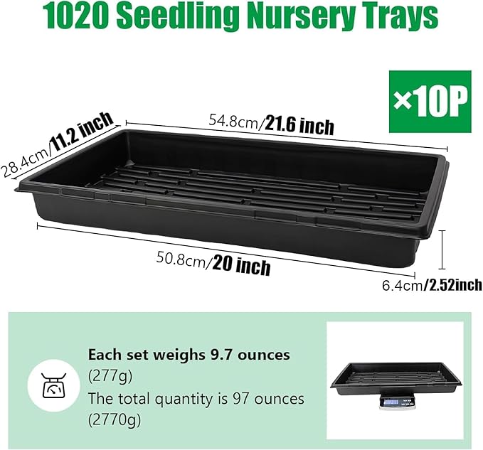 RooTrimmer 10 Pack 1020 Trays and 10 Pack 1020 Mesh Bootom Trays, 20'' x 10'', Heavy Duty Propagation Flats for Microgreens, Seed Starting, Soil Blocks, Hydroponics & Wheatgrass (10 Sets)