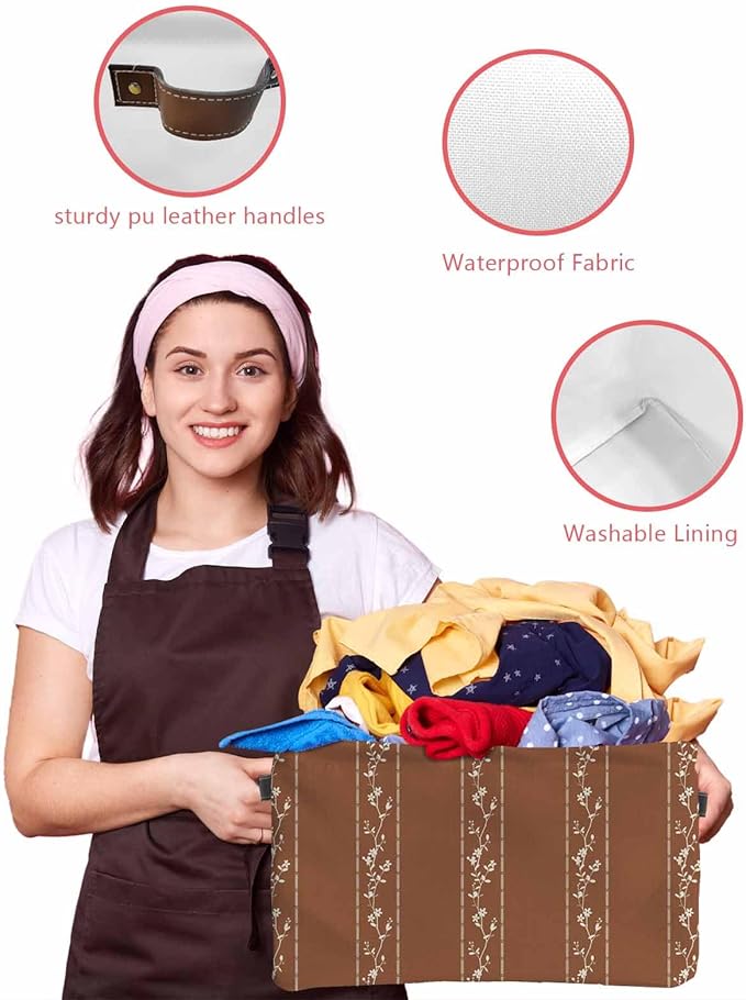 Brown Flowers Branch Storage Bins Cubes Waterproof Cloth Storage Basket, Spring Summer Farmhouse Botanical Foldable Storage Bags for Shelf Closet Clothes Organizers with Handles 15x11x9.5 in 2PCS