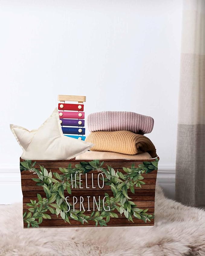 Farmhouse Green Garland Storage Bins Cubes Waterproof Cloth Storage Basket,Spring Black Plaid Wood Grain Foldable Storage Bags for Shelf Clothes Storages Organizers with Handles 15x11x9.5 in 1PCS