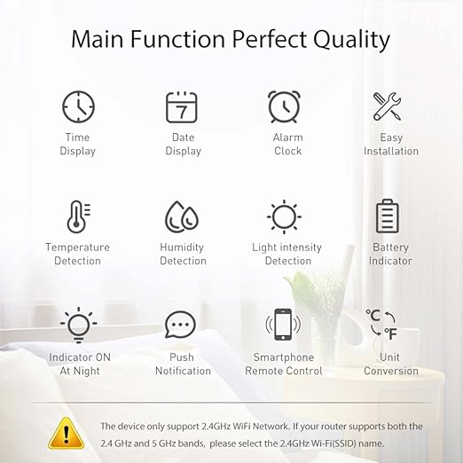 WiFi Thermometer Hygrometer, Smart Indoor Bluetooth Temperature Humidity Sensor with App Alerts, Temperature Humidity Time & Light Monitoring 4-in-1 Perfect for Greenhouse Home RV Wine Cellar