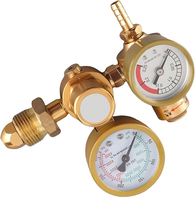 Gas Welding Regulator Argon CO2 Gauge TIG MIG Flowmeter High Precision Adjustable Pressure Reducing Valve with Double Gauge 4500psi Cylinder Pressure 1/4in Outlet 6.605GPM f