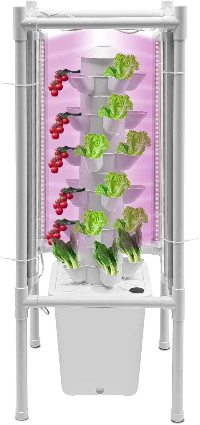 30-Plant Hydroponics Tower Vertical Growing System Kit, Indoor Garden Planter Herb Garden with LED Grow Light, Hose and Water Pump, Vertical Planter Germination Kit for Fruits Vegetables (White)