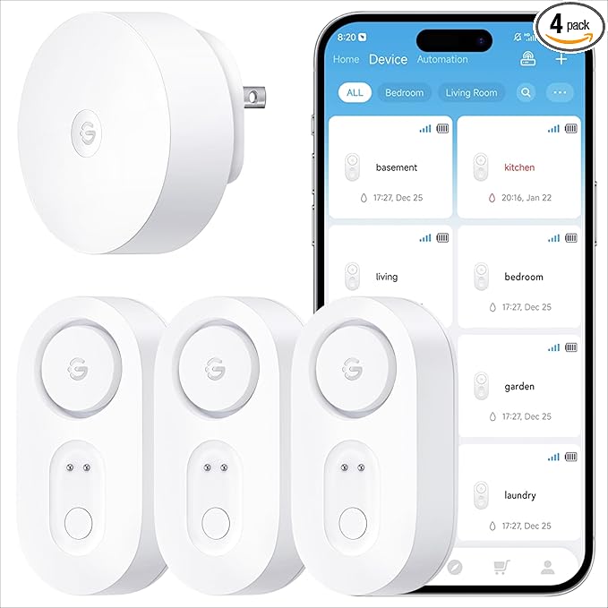 GoveeLife Upgraded Smart Water Leak Detector 1s with 1804 ft Ultra-Long Range, WiFi Water Sensor with SMS/Email/APP Push and Sound Alarm, 5-Year Battery Life, Suit for Home, Basement, Kitchen, 3 Pack