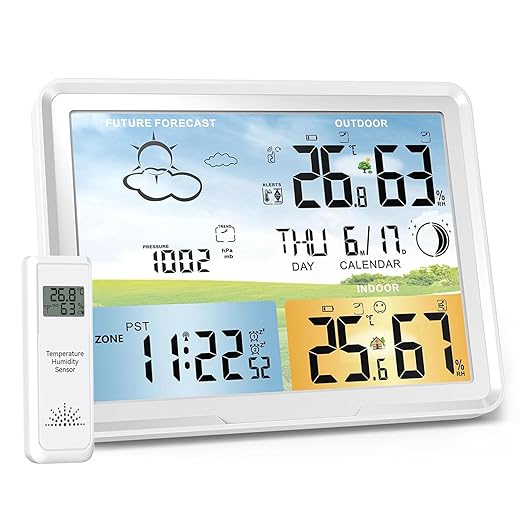 Weather Station Wireless Indoor Outdoor Thermometer, Digital Thermometer with Remote Sensor, Full Color Large Display Weather Station with Atomic Clock, Barometric Pressure, Weather Forecast-White