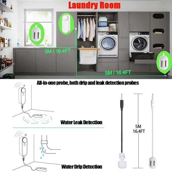 WiFi Water Leak / Water Level 2 in 1 Detector, Smart Water Sensor Alarms, Detached 16.4FT Dual Detection Line, Left and Right Dual Alarms, Remote App Monitoring, Dual Alerts, AAA Battery Powered