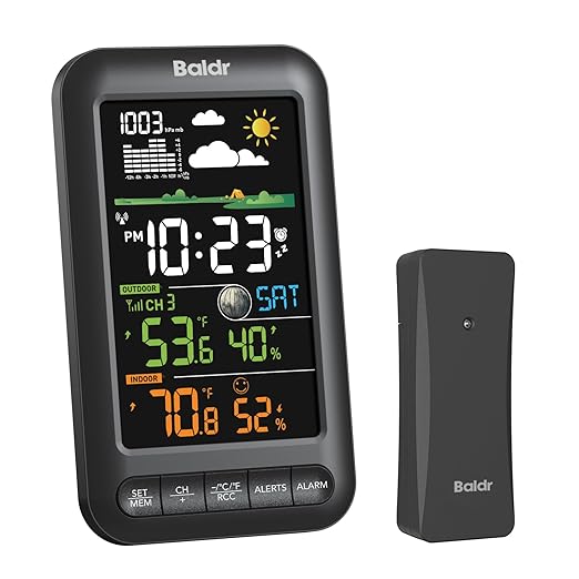 BALDR Digital Color Weather Station Vertical Display with Remote Sensor,12H Forecast,Temperature,Humidity and Atomic Clock,Adapter Powered with Backup Battery,Wireless Indoor Outdoor Thermometer,Black