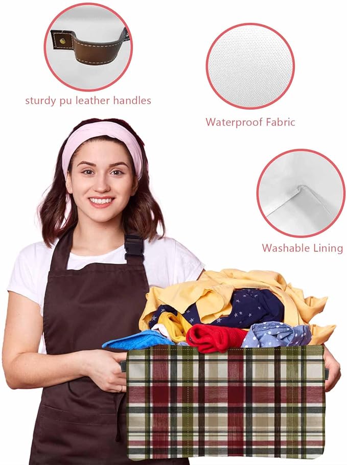 Buffalo Check Storage Bins Cubes Waterproof Cloth Storage Basket, Red Green Farmhouse Plaid Vintage Autumn Foldable Storage Bags for Shelf Closet Clothes Organizers with Handles 15x11x9.5 in 2PCS