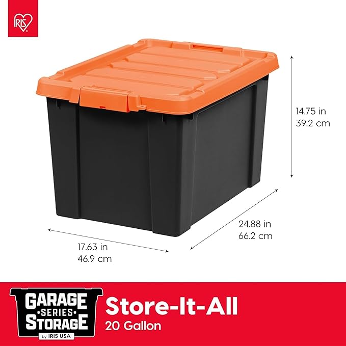 IRIS USA 20 Gallon Lockable Storage Bins with Lids, 4 Pack - Made in USA, Heavy Duty, Stackable Containers, Garage Organizing Bins Moving Tubs, Rugged Sturdy Equipment Utility Box - Black/Orange
