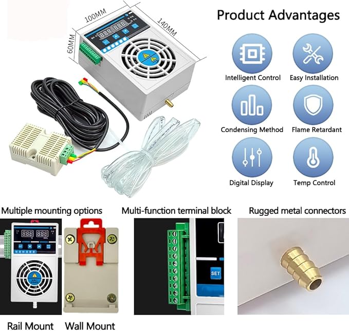 Grow Tent Dehumidifier, Smart Temp and Humidity Controller with External Heating or Cooling Interface, Auto Dehumidification Kit for Safes/Cabinets/Electric Box/Closets, AC/DC 85-265V, Auto Shut Off
