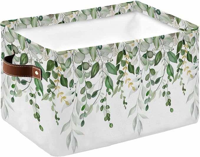 Sage Green Eucalyptus Storage Bins Cubes Waterproof Cloth Storage Basket,Watercolor Spring Weeping Botanical Foldable Storage Bags for Shelf Clothes Storages Organizers with Handles 15x11x9.5 in 1PCS