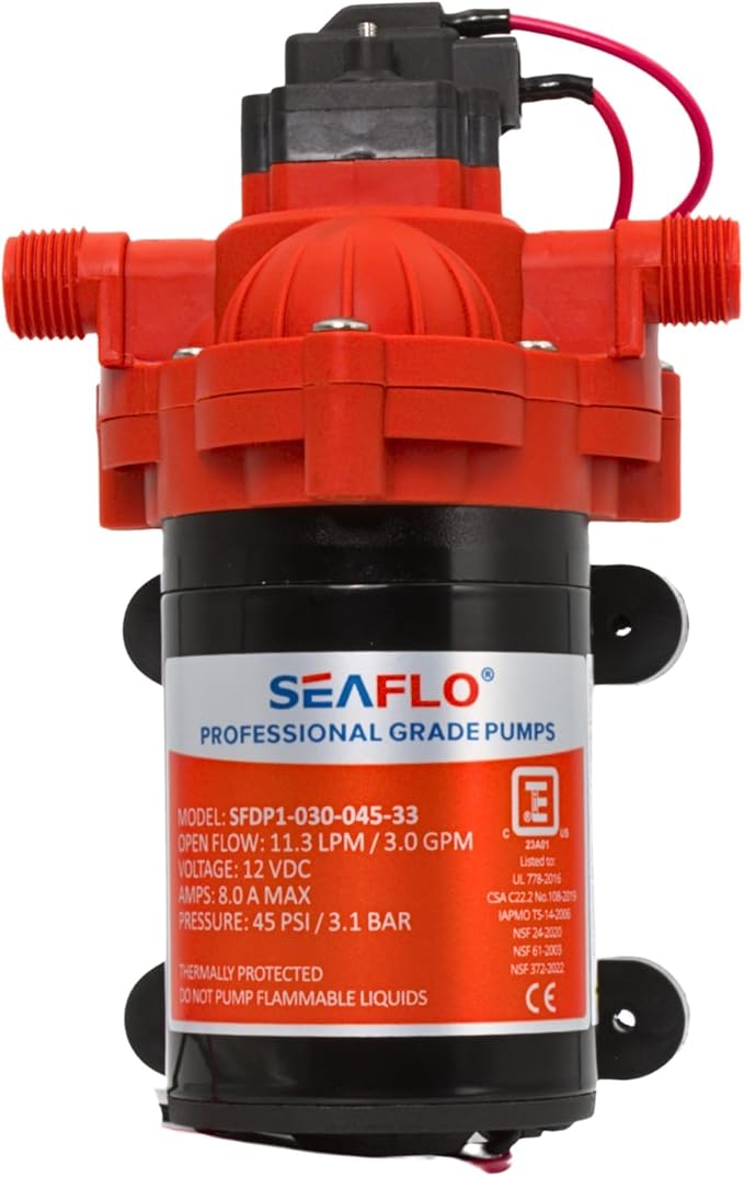 SEAFLO 33 Series DC Diaphragm Pump – 4-Year Warranty! 12V, 3.0 GPM, 45 PSI, Self-Priming, Run Dry Safe, Built-In Pressure Switch | Ideal for Marine, RV, and Water Systems