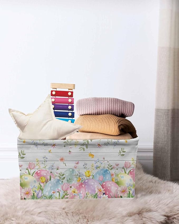 Easter Eggs Storage Bins Cubes Waterproof Cloth Storage Basket,Spring Daisy Eucalyptus Leaves Gray Wooden Foldable Storage Bags for Shelf Clothes Storages Organizers with Handles 15x11x9.5 in 1PCS