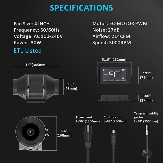 Toolazy 4 Inch Inline Duct Fan with WiFi App Control, 214 CFM Quiet EC Motor Ventilation Fan with Temperature Humidity Sensor, Smart Exhaust Fan for Grow Tent, Hydroponics, HVAC, 3D Printer