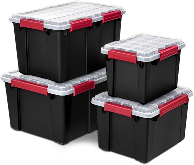 Sterilite 8 Pack Gasket Box, Stackable Plastic 13.5 Gallon Storage Container with Lids, Black - Waterproof and Dustproof Tote for Home Organization