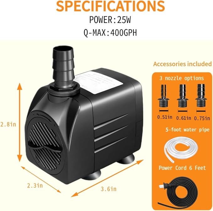 400GPH Submersible Water Pump (1500L/H 25W) Ultra Quiet Water Fountain Pump with 6.5ft High Lift, Adjustable Flow 3 Nozzles for Fish Tank, Aquarium, Hydroponics, Pond, Water Feature, Statuary
