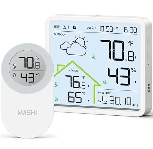 MASHI Rechargeable Weather Station Wireless Indoor Outdoor Thermometer,Atomic Clock with WWVB & 4.3" Backlit Display, Inside Outside Thermometer Wireless, 3-Channel 330ft Range, Accurate Forecast