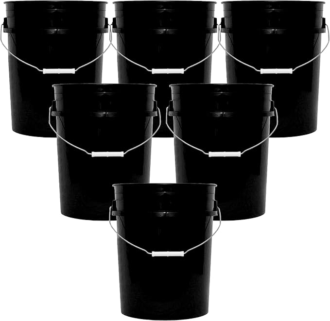 MKS Plastics 5-Gallon Bucket Only – No Lid Included, Made in USA, Food Grade BPA Free Plastic, Heavy Duty Multi-Use, Metal Handle with Grip, Stackable Storage – Black, 6 Pack