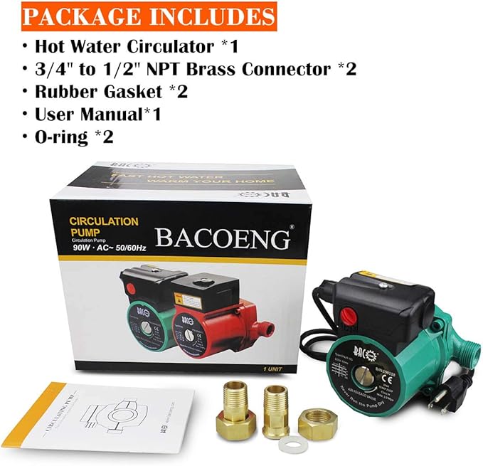 BACOENG 3/4 inch NPT Hot Water Circulation Pump for Floor Heating & Recirculating System w/Connectors