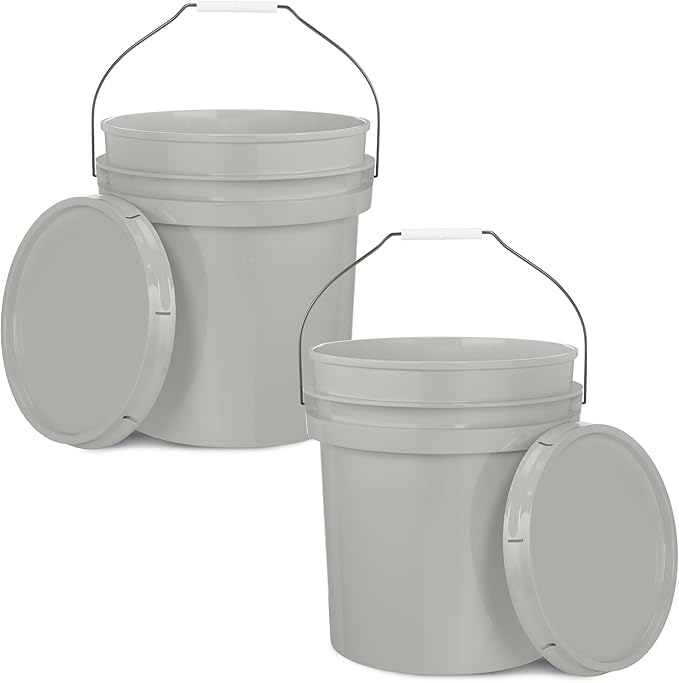 EconoHome 5-Gallon Grey Bucket Pail Container with Lid | Metal Handles with Plastic Grip for Easy Carrying | Easy Stack and Store | Heavy-Duty Extra Durable | Food Grade | BPA Free - 2 Pack