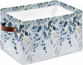 Navy Blue Eucalyptus Leaves Storage Bins Cubes Waterproof Cloth Storage Basket,Retro Country Leaf Botanical Foldable Storage Bags for Shelf Clothes Storages Organizers with Handles 15x11x9.5 in 1PCS
