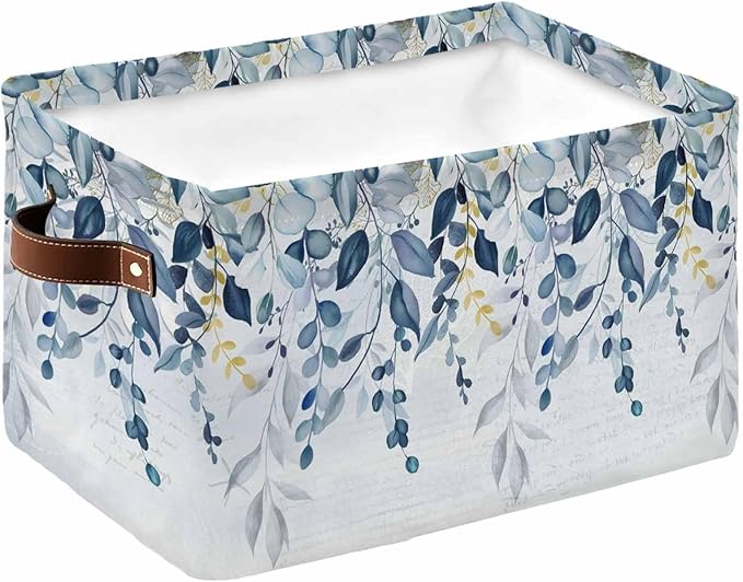 Navy Blue Eucalyptus Leaves Storage Bins Cubes Waterproof Cloth Storage Basket,Retro Country Leaf Botanical Foldable Storage Bags for Shelf Clothes Storages Organizers with Handles 15x11x9.5 in 1PCS