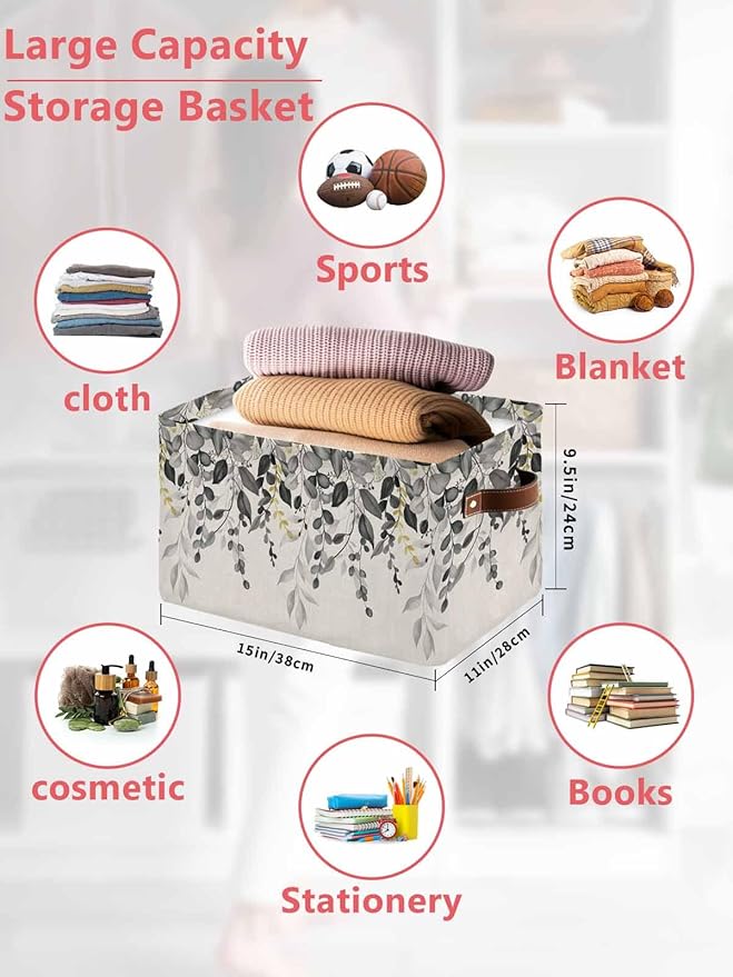 Grey Eucalyptus Storage Bins Cubes Waterproof Cloth Storage Basket, Farmhouse Weeping Leaves on Linen Foldable Storage Bags for Shelf Closet Clothes Storages Organizers with Handles 15x11x9.5 in 2PCS