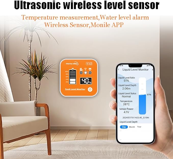 Moray Smart WiFi Water Level Sensor Water Tank Level Monitor Oil Tank Gauge Sensor , Automatic Alarm Indicator for Tuya Smart Life Mobile APP Smart Home Remote IP65 Waterproof (ME201R)