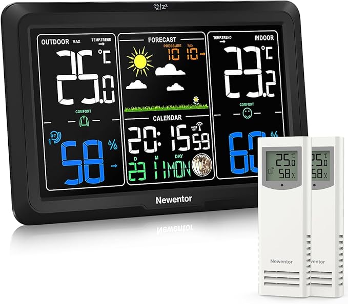 Newentor Weather Station Wireless Indoor Outdoor, Indoor Outdoor Thermometer Wireless, 7.5" Home Weather Stations with Atomic Clock, Temperature Humidity Gauge, Weather Forecast, Black, 2 Sensors