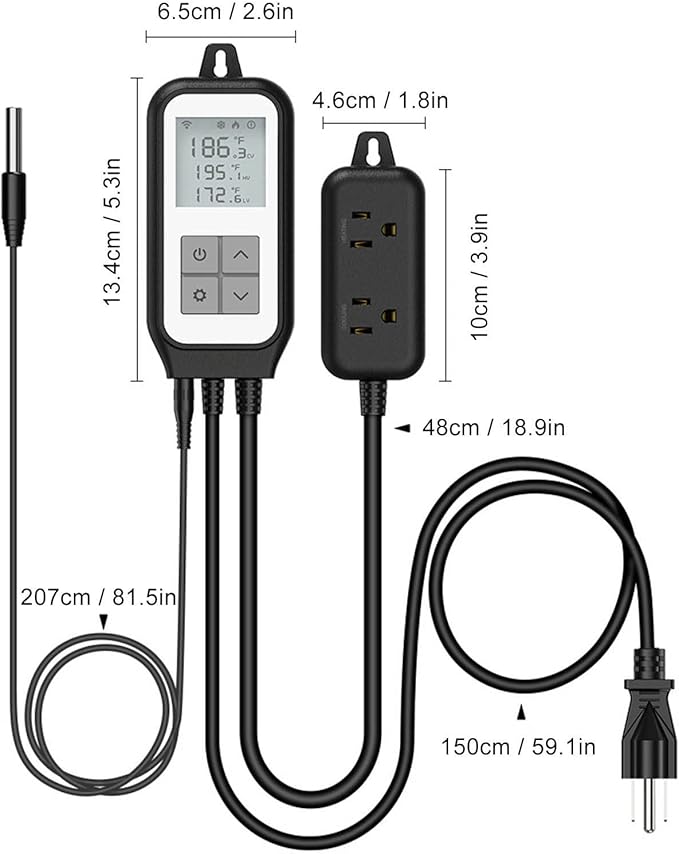 Digital Temperature Controller with WiFi and App Remote Monitoring - Smart Thermostat Socket for Heating and Cooling - Dual Output Timing Control - Range -30 to 105 Degrees Celsius