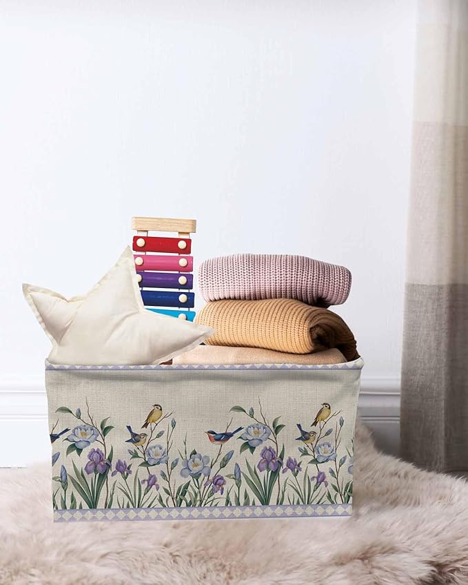 Spring Flowers Storage Bins Cubes Waterproof Cloth Storage Basket,Vintage Floral Leaves Birds Farmhouse Plaid Foldable Storage Bags for Shelf Clothes Storages Organizers with Handles 15x11x9.5 in 2PCS