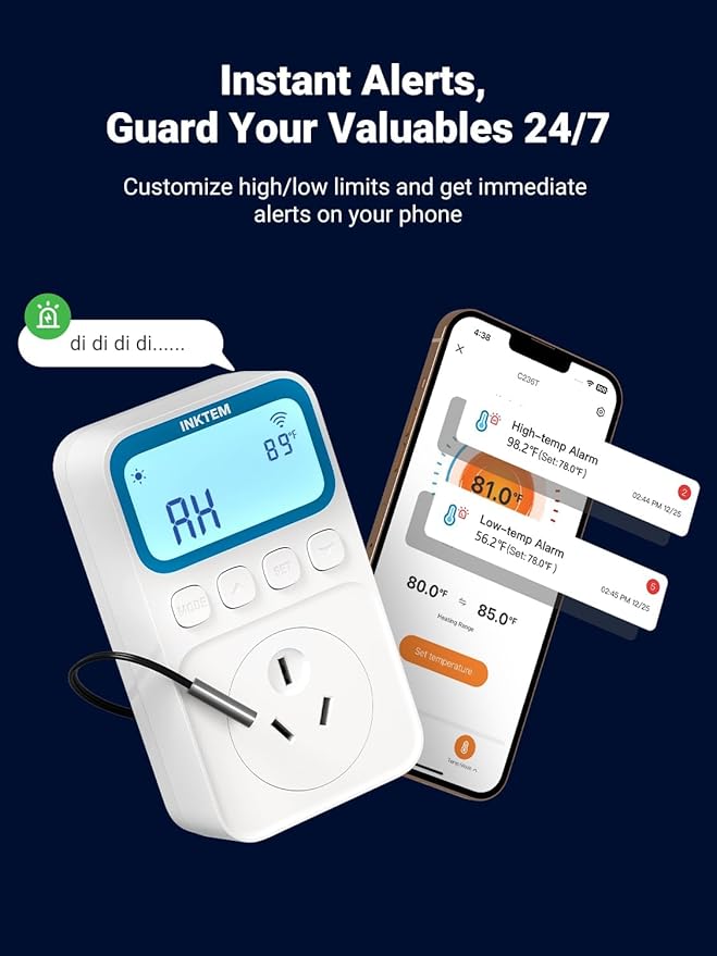 WiFi Plug in Thermostat Outlet, Temperature Controlled Outlet with Smart APP, Timer & Memory Digital Temp Controller -40~212℉, IP67 Waterproof Probe for Incubator Homebrew Reptile Space Heater
