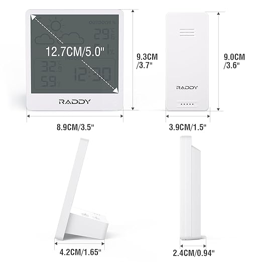 Raddy WF-50T Indoor Outdoor Thermometer Hygrometer Wireless Weather Station, Battery Powered Temperature & Humidity Monitor with 5.0’’ Display, Weather Forecast, Wireless Remote Sensor (White)