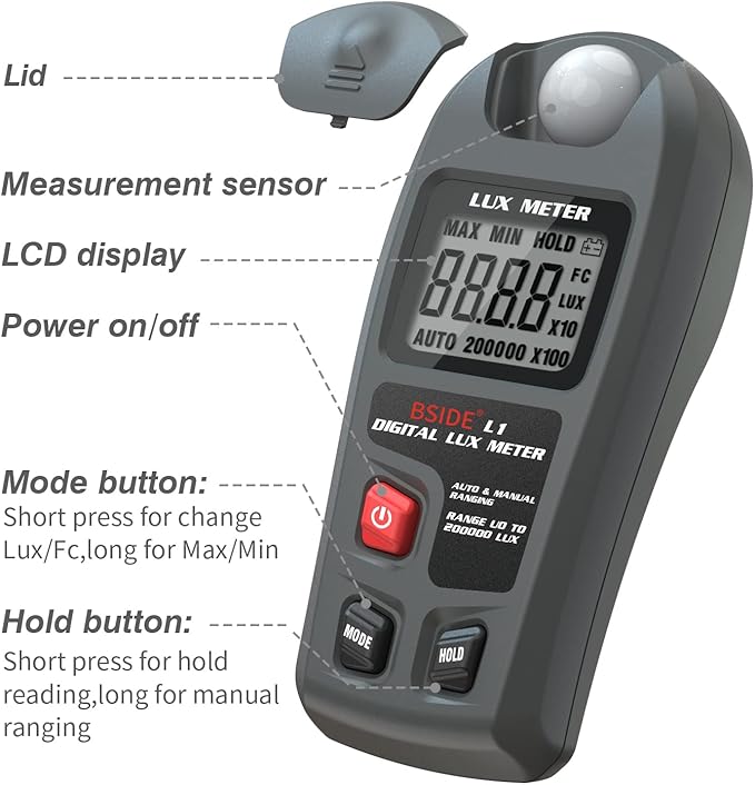 BSIDE Digital Light Meter Lux Tester Illuminance Luxmeter, 0-200,000 Lux Portable Environment Luminometer Photometer for Garden Film Indoor Classroom Plants LED Grow Light Photography