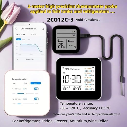 2CO12C-3, Smart WiFi APP Weather Station & 3 Probes 3 Sensors Indoor & Outdoor Wireless Thermometer,for Cold Storage, Cold Cabinet, Refrigerator, Fish Tank, Wine Cellar, breeding Farm, Greenhouse