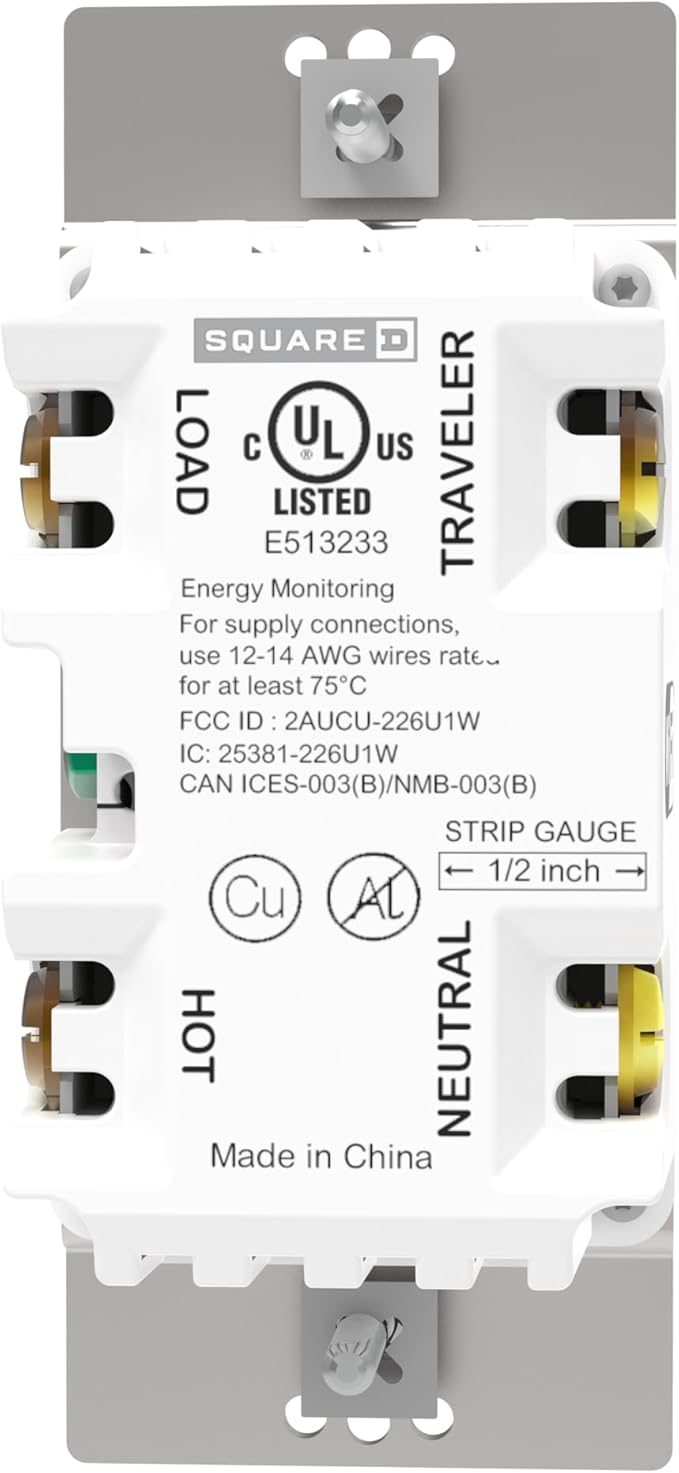 Square D by Schneider Electric X Series 15 Amp WiFi Energy Monitoring Light Switch, Single-Pole/3-way, 600 Watt, Rocker, Matter Certified, Works with Alexa, Google Home, Apple Home, Matte White