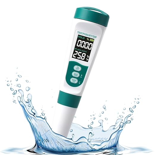 5-in-1 Digital Water Quality Tester with TDS/EC/pH/Salinity/Temperature, Backlit LCD Display, Portable Water Quality Tester for Drinking Water, Hydroponics, Aquariums, Swimming Pools & Laboratories.