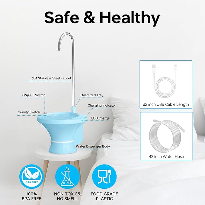 Water Dispenser for 2-5 Gallon Bottle, Electric Drinking Water Bottle Pump, Automatic Water Jug Pump Dispenser, USB Rechargeable and 2 Switch Control for Home, Office, Camping