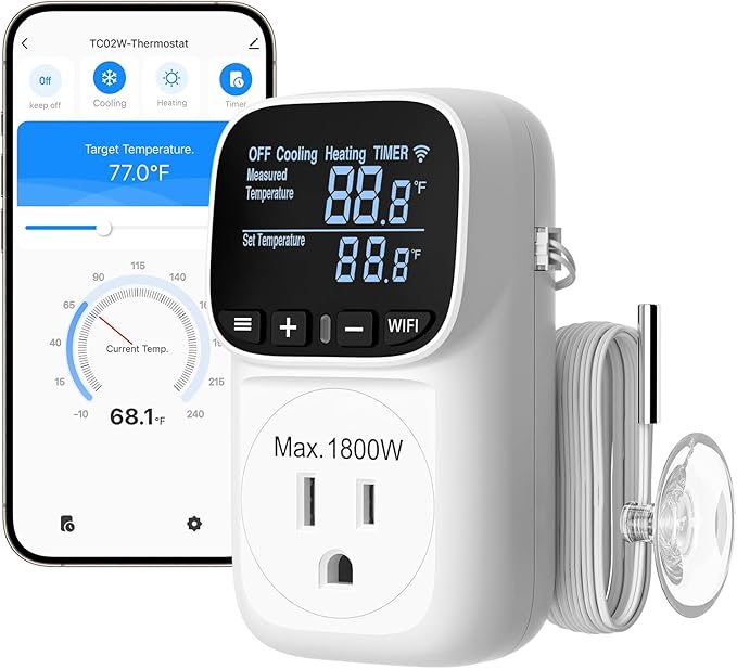DEWENWILS Smart WiFi Temperature Controller, 15A 1800W Thermostat Controlled Outlet Plug, Bluetooth APP Remote Control, 24 Hour Schedule Timer, for Greenhouses, Incubators, Brewing, Reptiles, Garages