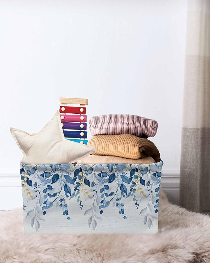 Blue Eucalyptus Leaves Storage Bins Cubes Waterproof Cloth Storage Basket,Watercolor Botanical Weeping Leaf Foldable Storage Bags for Shelf Clothes Storages Organizers with Handles 15x11x9.5 in 2PCS