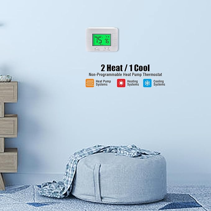 Garystat Non-Programmable Heat Pump Thermostat for House 2 Heat/1 Cool, with Temperature & Humidity Monitor and Large Green LCD